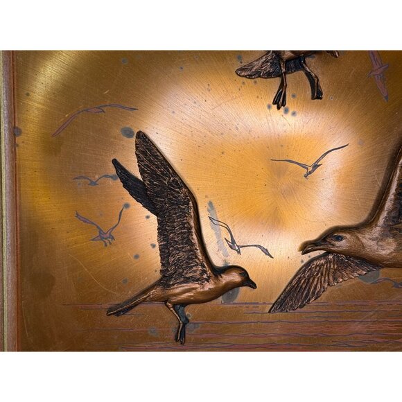 Retro John Louw 3D Copper Bronze Gold Flying Seagulls Sea Side Wall Art Framed - Picture 4 of 10